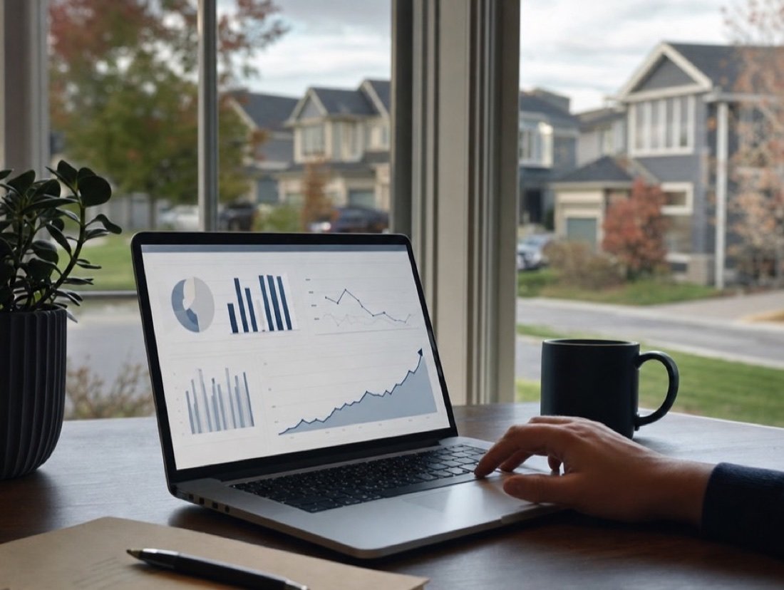 Advertising performance charts on a laptop beside a notebook and a mug on a dark wooden desk, a window behind showing a residential street in autumn