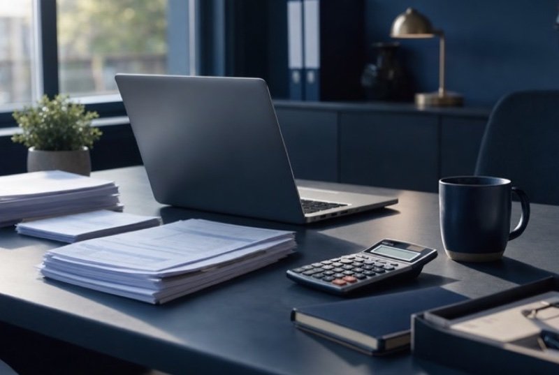 Laptop, calculator and a pile of ring binders arranged on a tidy work desk