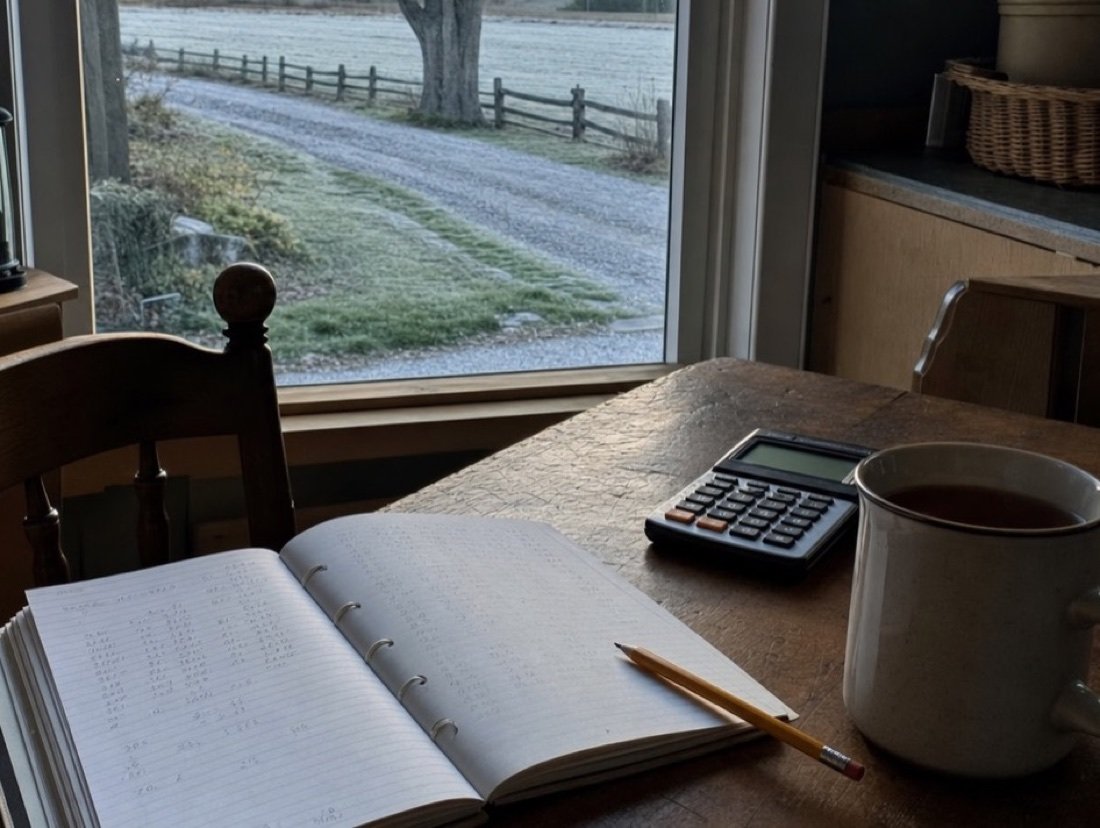 A notebook full of handwritten sums, a calculator and a steaming mug on a kitchen table, the window beside it rimmed with frost
