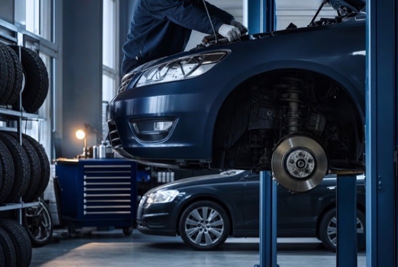 A sedan lifted on a hoist inside a spotless garage bay, shelves of spare tires lining one wall