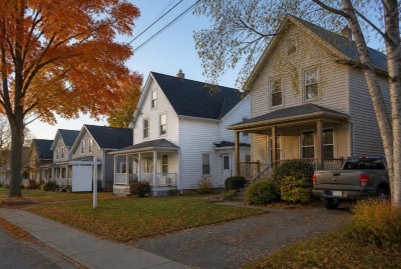 A quiet street of two-storey wood-clapboard houses with front porches under maples in full October colour, a blank for-sale panel on a post