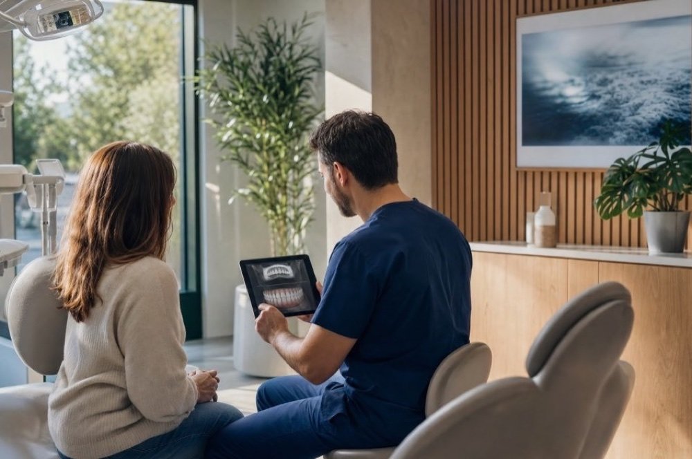 In a bright consulting room with slatted wood walls, a dentist in navy scrubs shows a patient an X-ray on a tablet, with a tall plant by the window