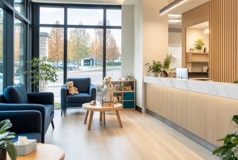 SEO for Dentists & walk-in clinics: a bright dental clinic reception with a wooden counter, a few chairs and a small children’s corner