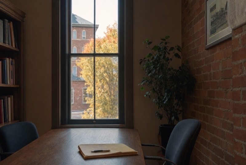 A hushed meeting room inside an old brick office block, one paper folder resting on a polished wood table