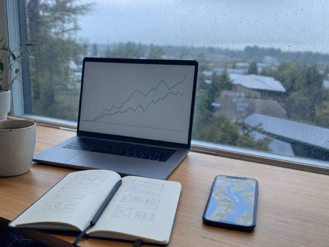 A laptop with a rising line chart, a sketchbook of page layouts and a phone showing a map on a wooden desk