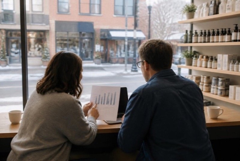 Over the front counter of an independent shop, an owner and an advisor read a one-page printout with a simple bar chart