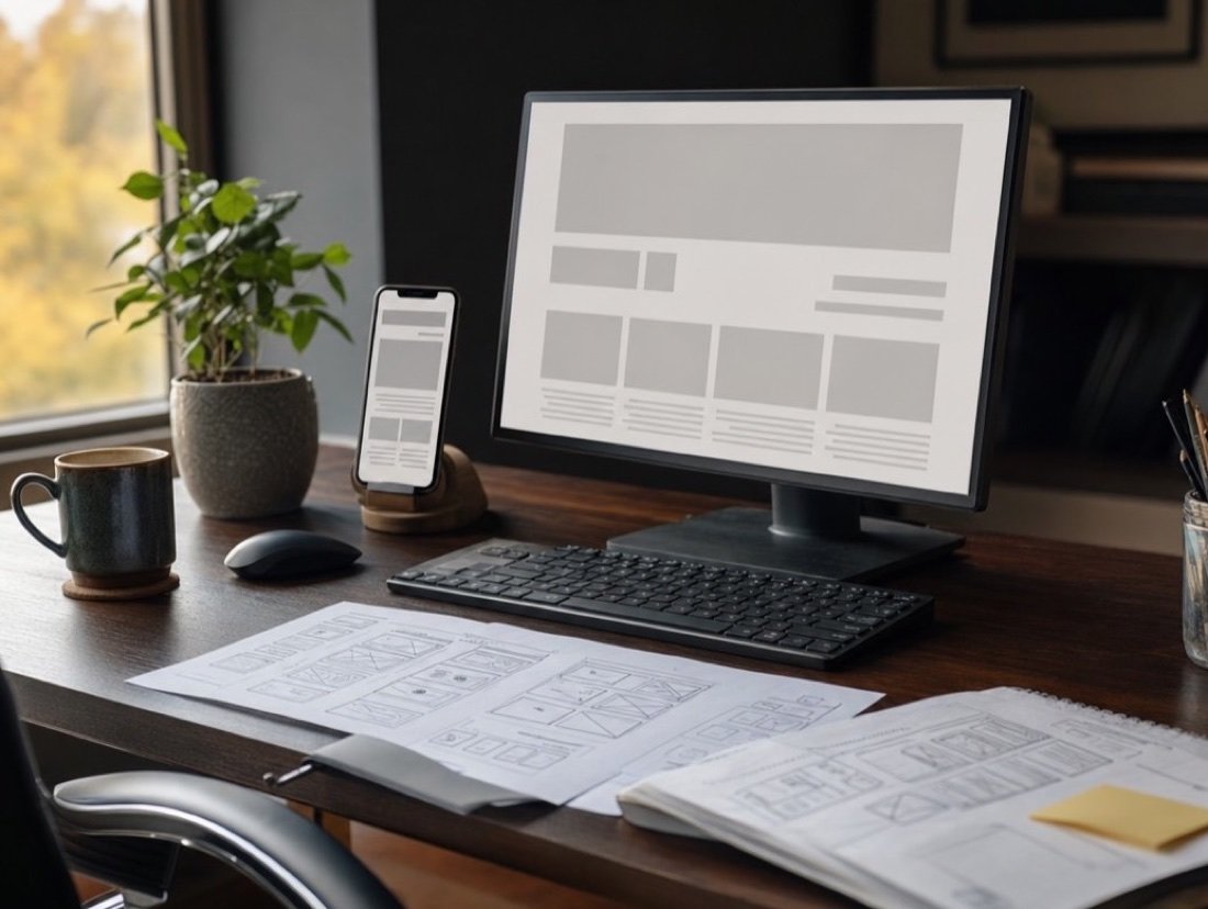 A website wireframe on a desktop monitor and on a phone, with printed page layouts and a sticky note on a dark desk beside a window onto autumn trees