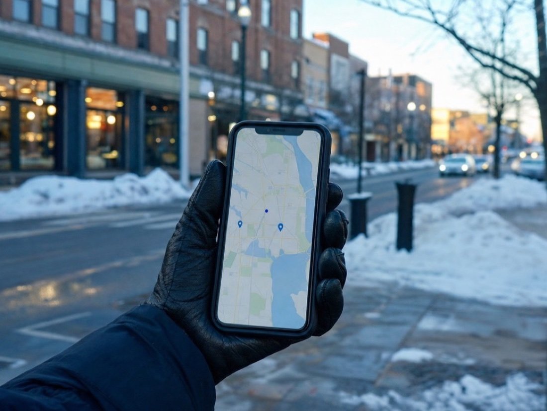A gloved hand holding a phone with a pinned map on a snowy brick main street