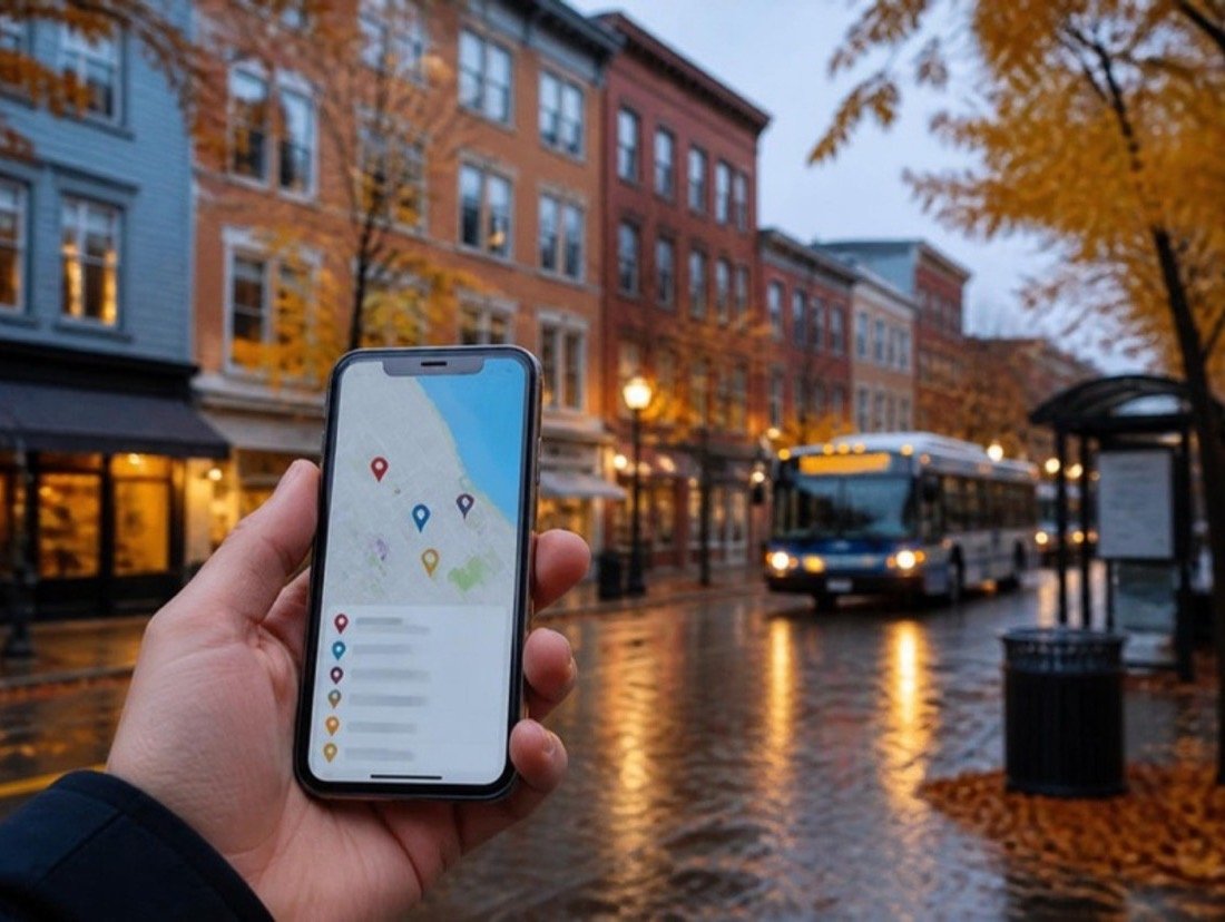 A hand holding a phone that shows a map with several pins and a short list of results