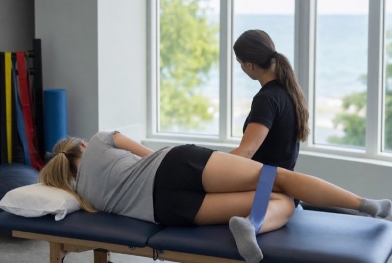 SEO for Physio, chiro & massage: in a sunlit treatment room, a physiotherapist coaches a patient lying on a table through a bending-knee movement