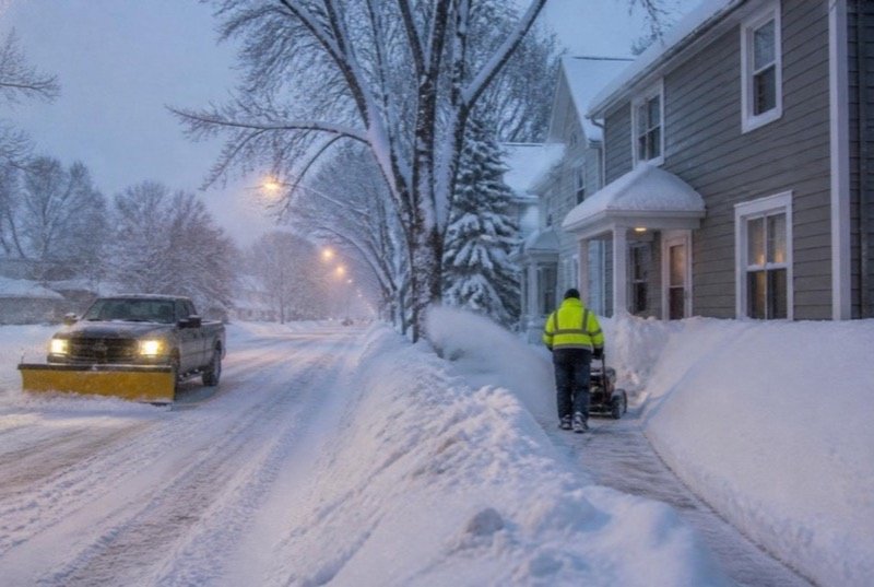 SEO for Snow removal & landscaping: a pickup with a yellow plow blade clearing a residential street at first light