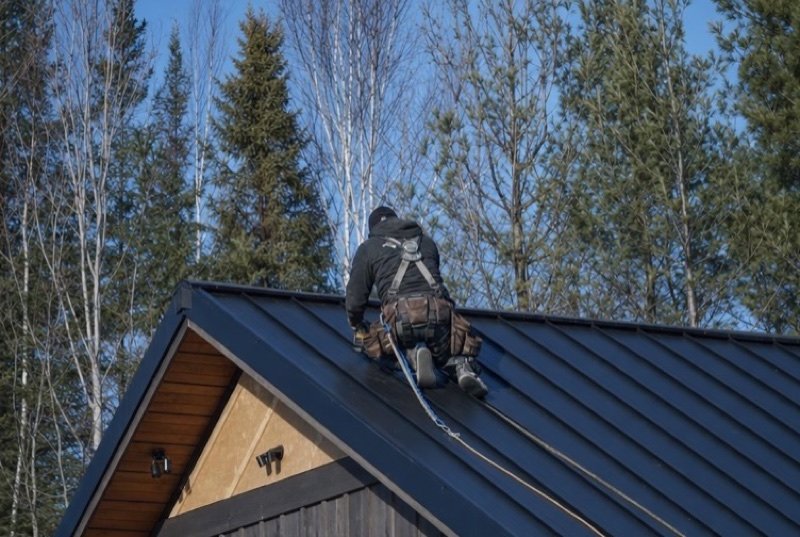 SEO for Roofing & renovation: a roofer in a safety harness fastening dark steel roof panels, with spruce and bare birch trees behind under a clear blue sky