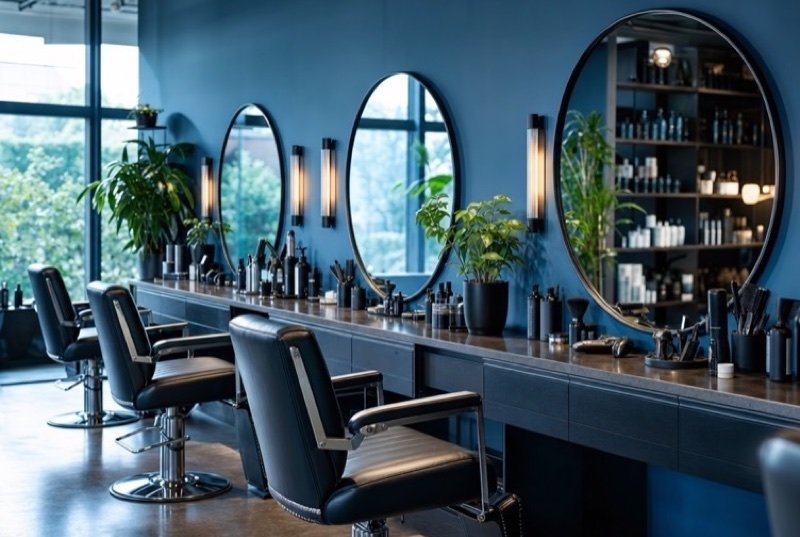 Round mirrors and styling chairs set against blue walls in a hair salon