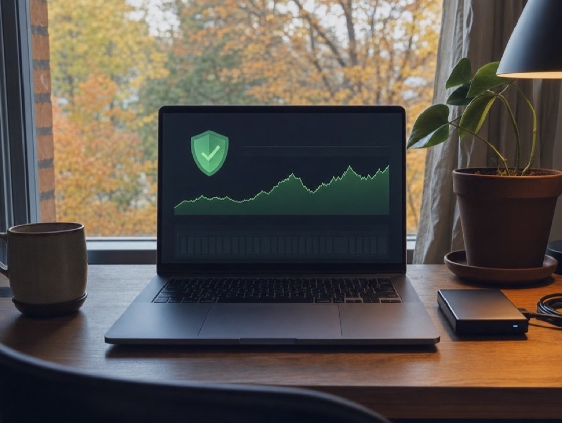 A laptop showing a green security shield and an uptime graph next to an external backup drive, a plant and a desk lamp