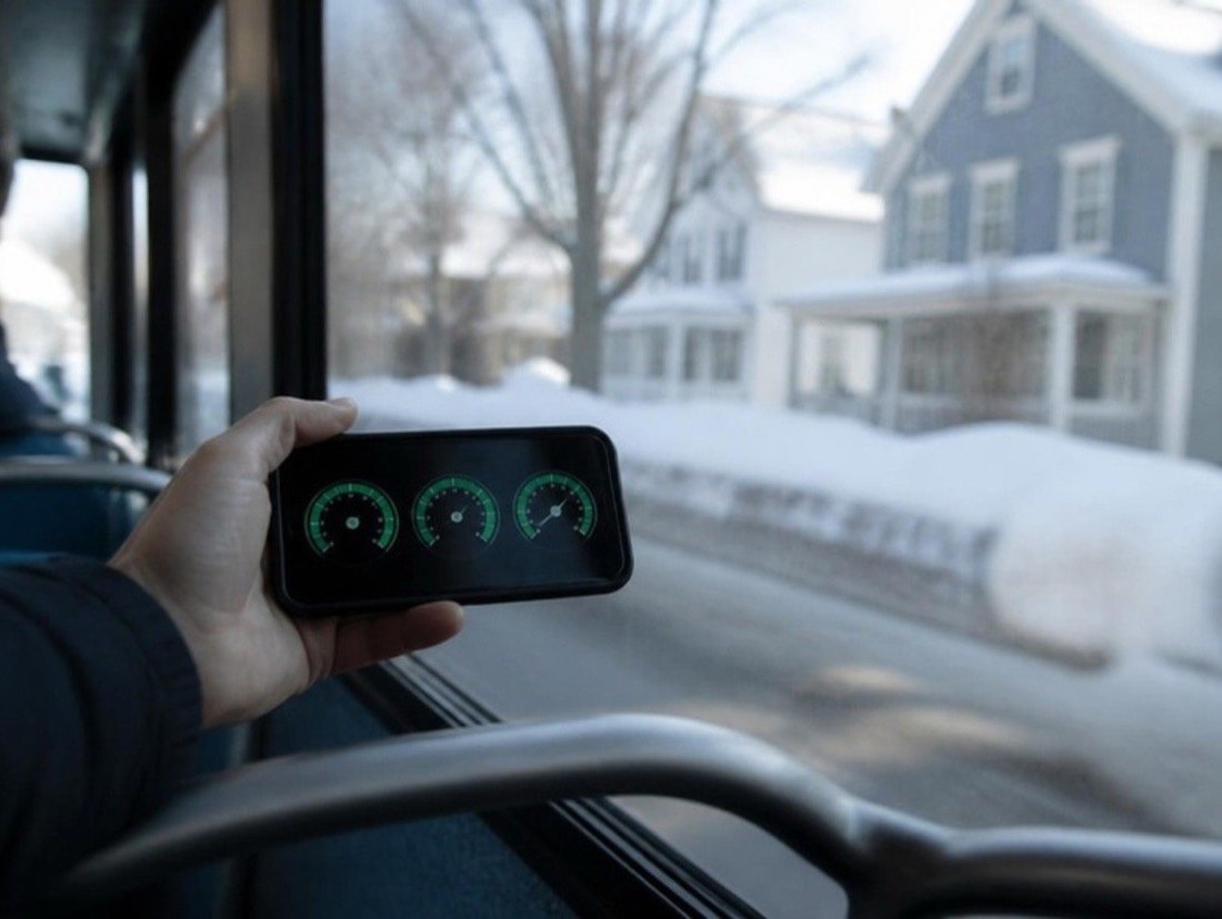 A hand holding a phone with three round green speed gauges inside a city bus on a cold winter morning