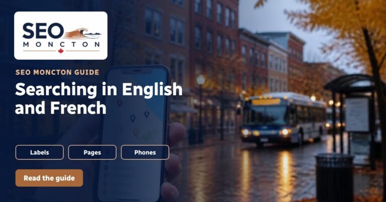 Graphic: “Searching in English and French”, with a clinic reception desk and a phone showing two short search phrases