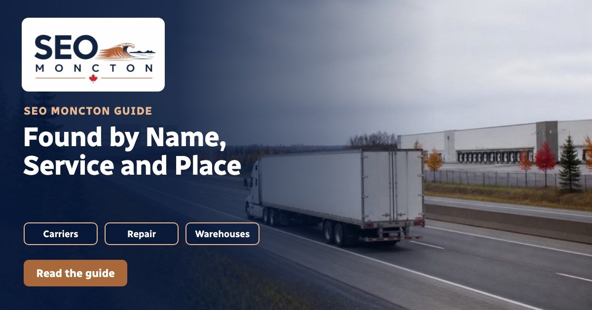 Graphic: “Found by Name, Service and Place”, with a tractor-trailer leaving a warehouse dock and a repair bay with a trailer inside