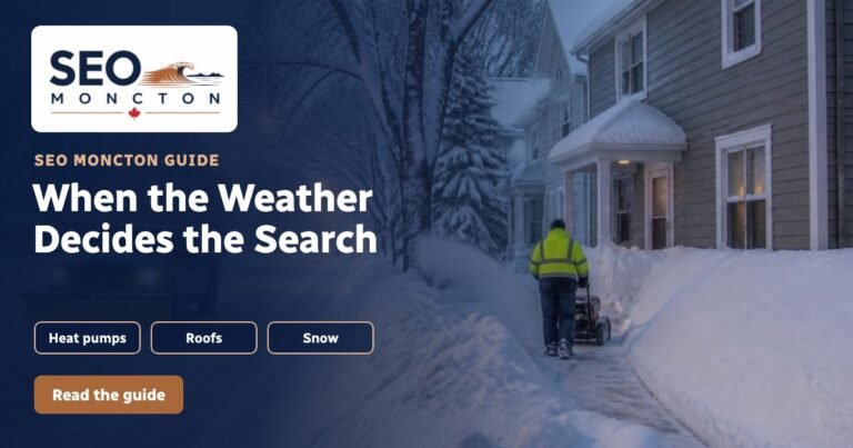 Graphic: “When the Weather Decides the Search”, with a plow clearing a snowy residential street and a technician beside a heat pump