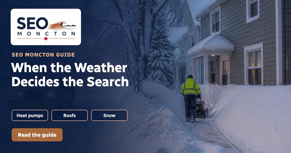 Graphic: “When the Weather Decides the Search”, with a plow clearing a snowy residential street and a technician beside a heat pump